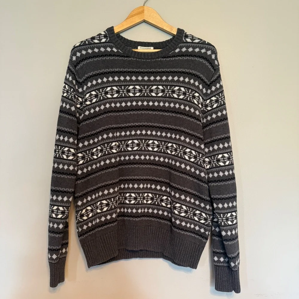 Dockers Mens Fair Isle Crewneck Sweater Gray‎ Black White Cotton Knit Large